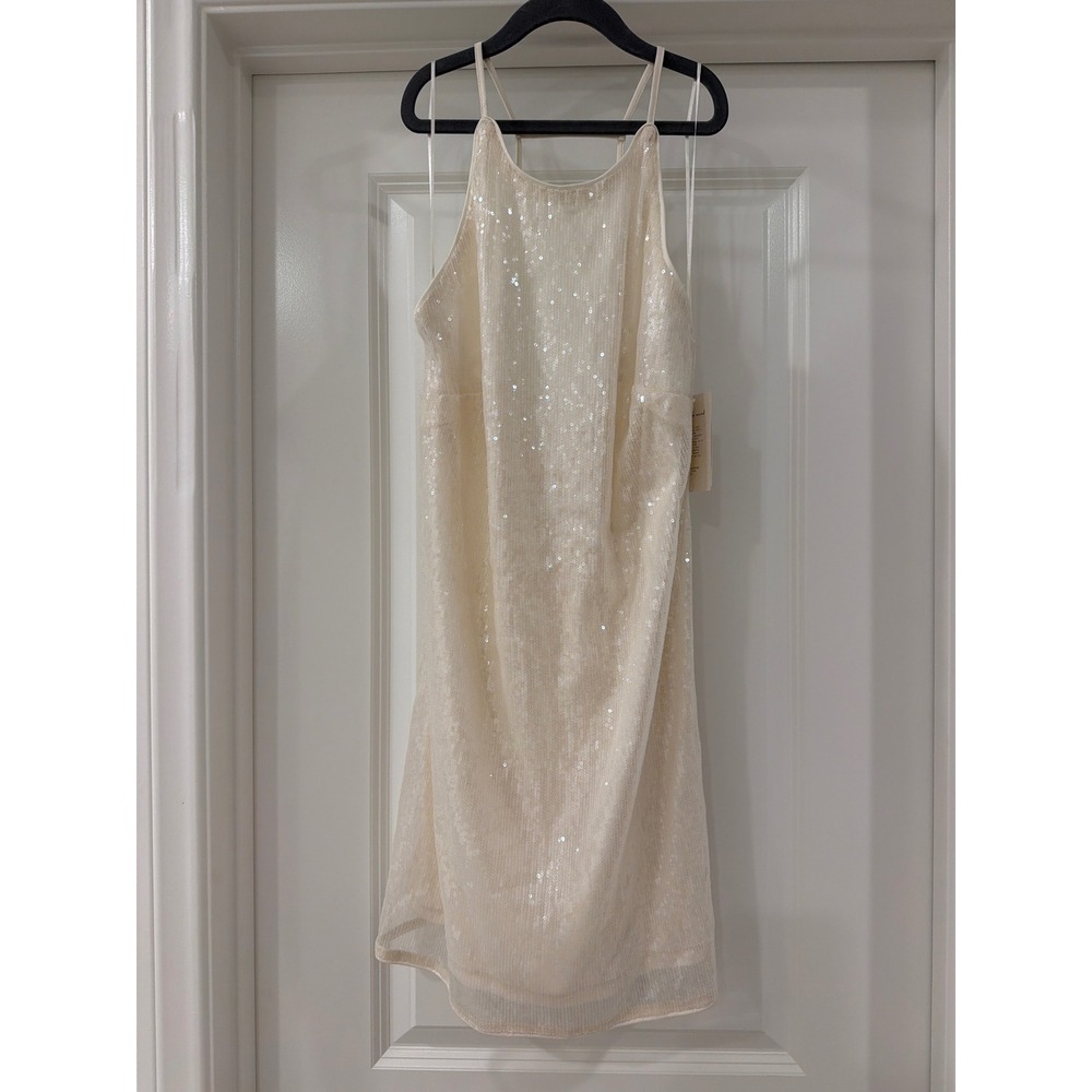 A New Day Sequin Mini Dress Womens Small Cream Ivory Halter Low Back NWT